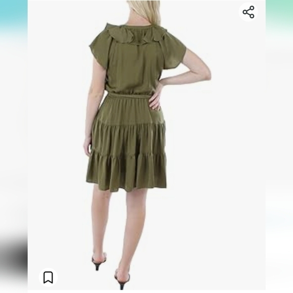💚HP💚NWT Lauren Ralph Lauren Satin Belted Mini Dress Tiered Ruffle Hem Olive - Picture 3 of 11